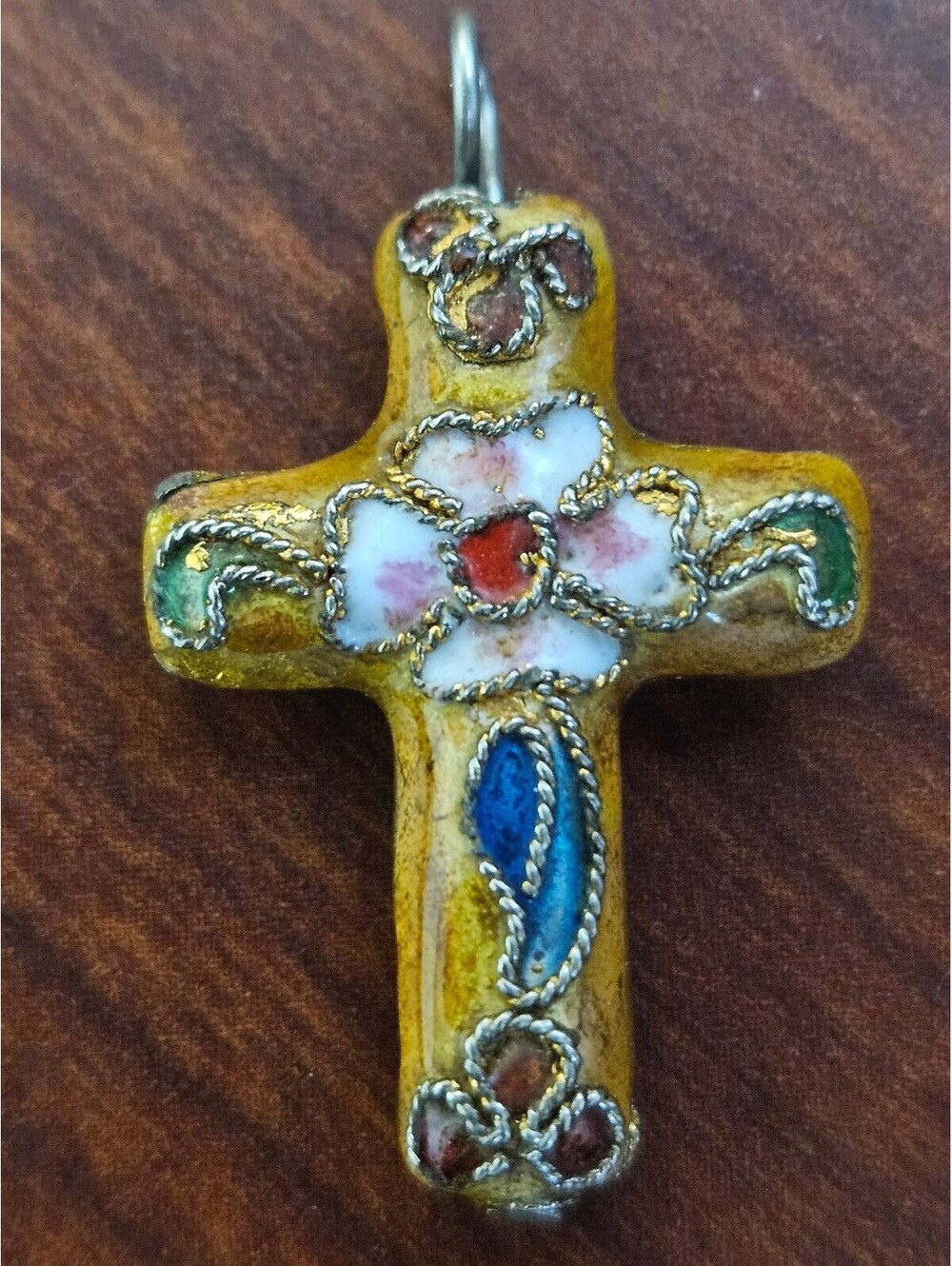 Vintage Cloisonné Cross Pendant Multicolored Floral Filigree Jewelry